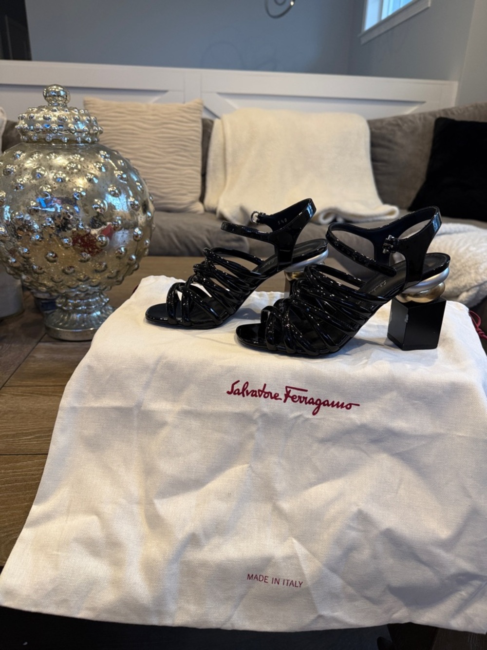 Salvatore Ferragamo Black Patent Strappy Sculptural Heel Sandals